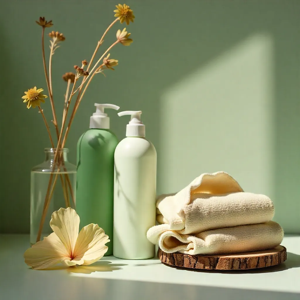 Sustainable laundry products arranged naturally